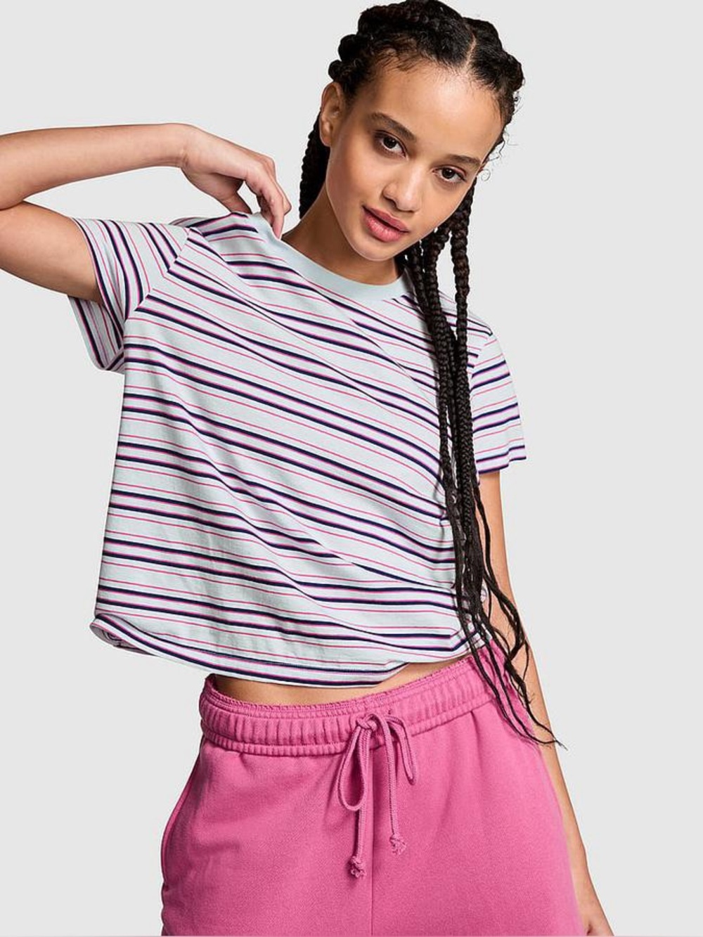 Victoria's Secret PINK Dreamer Cotton Tee Hydrangea Blue Stripe Size Large